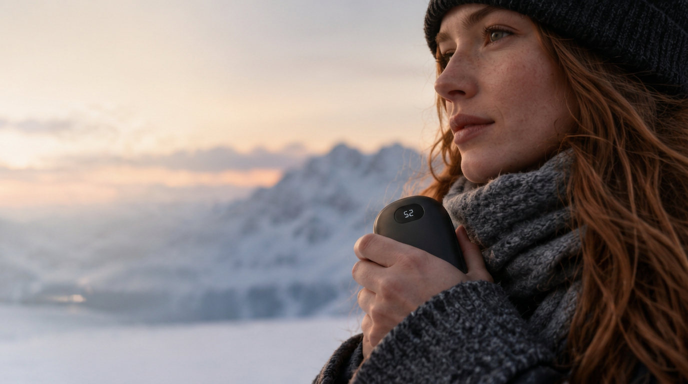 Woman holding NØRVA Heat in Graphite close to her scarf on a snowy mountain at sunrise