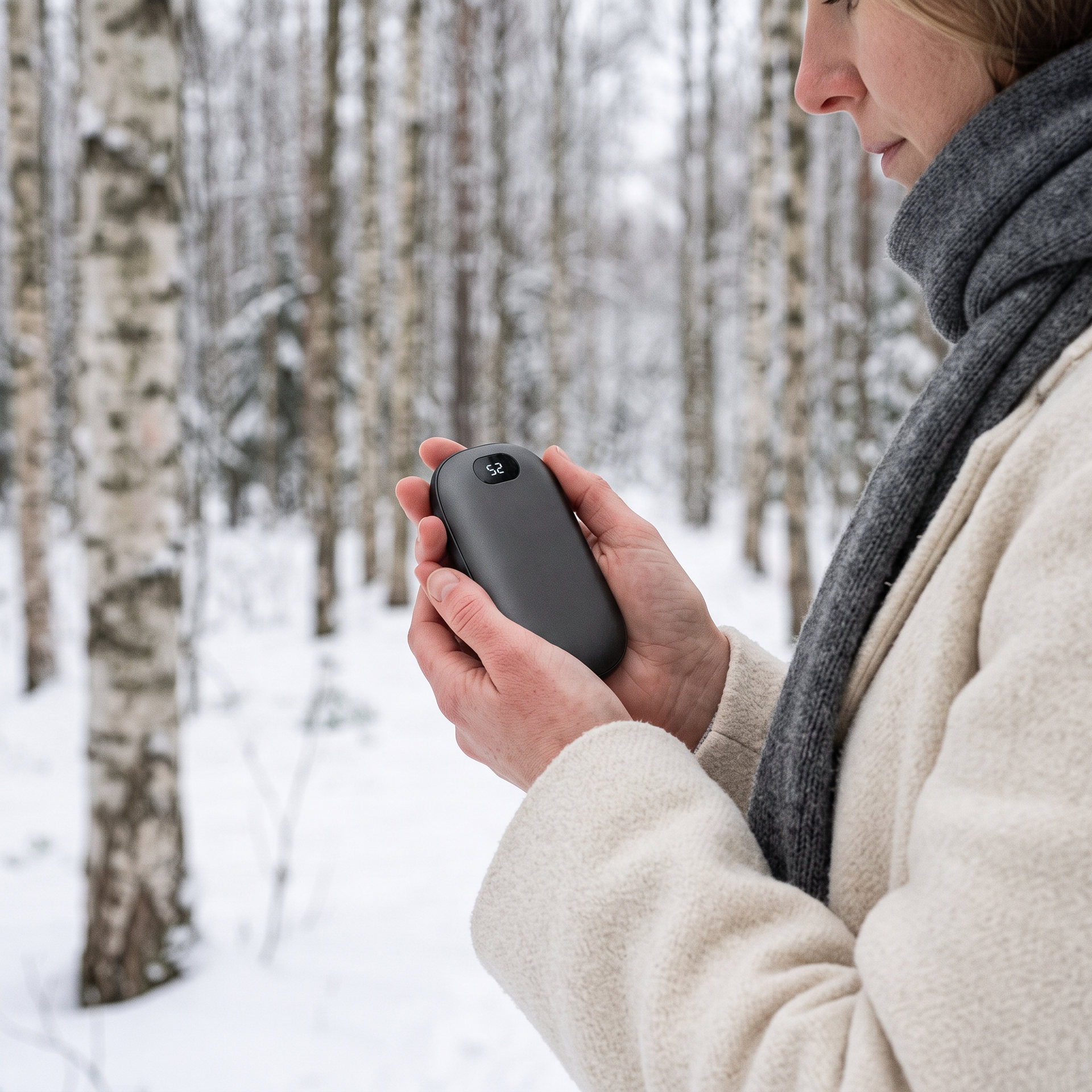 Hands holding NØRVA Heat in Graphite in a snowy birch forest