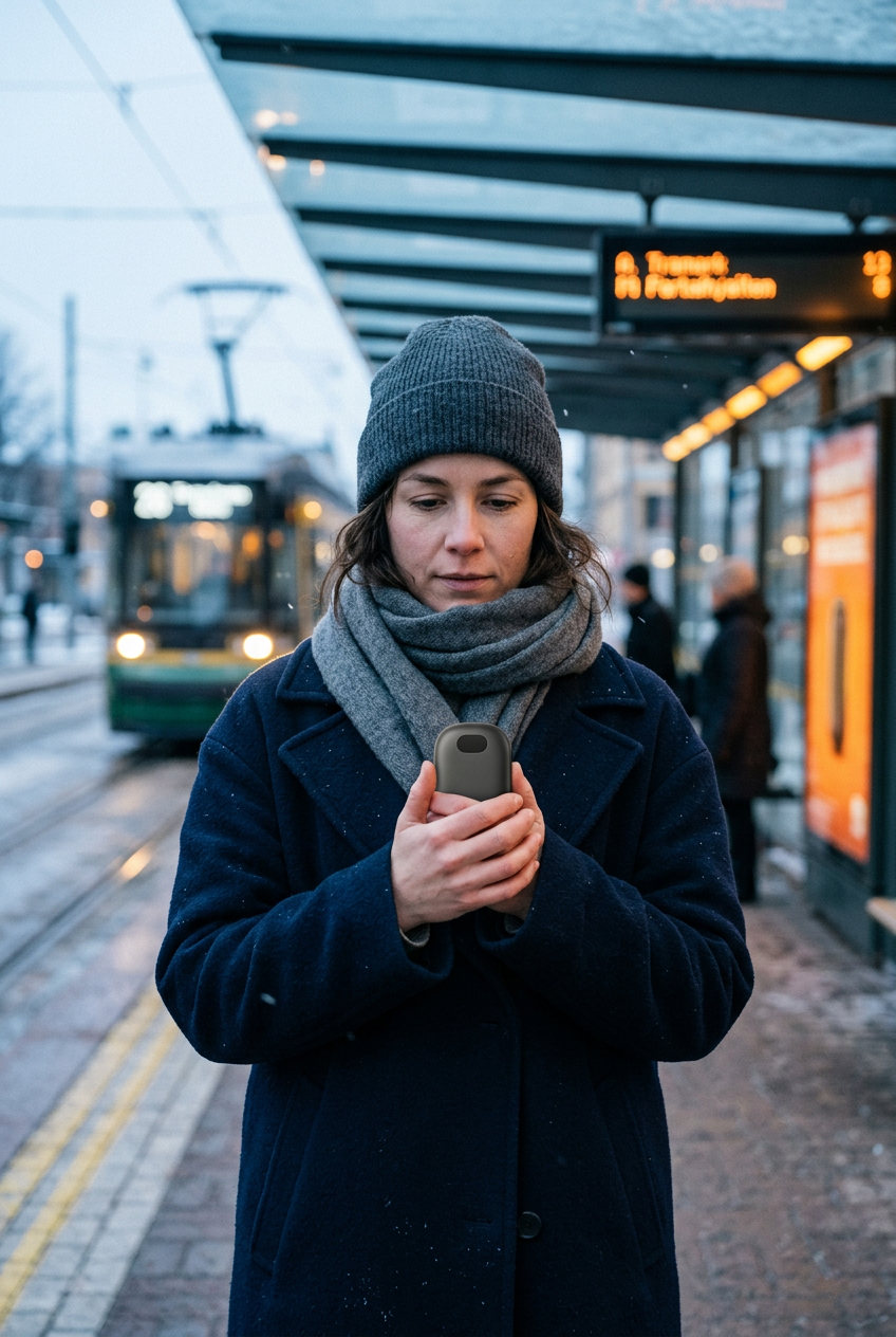 Woman holding Graphite NØRVA Heat on a tram platform in the morning